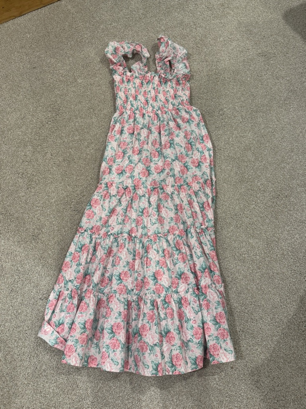 Pink Floral Tiered Midi Sundress with Ruffle Straps